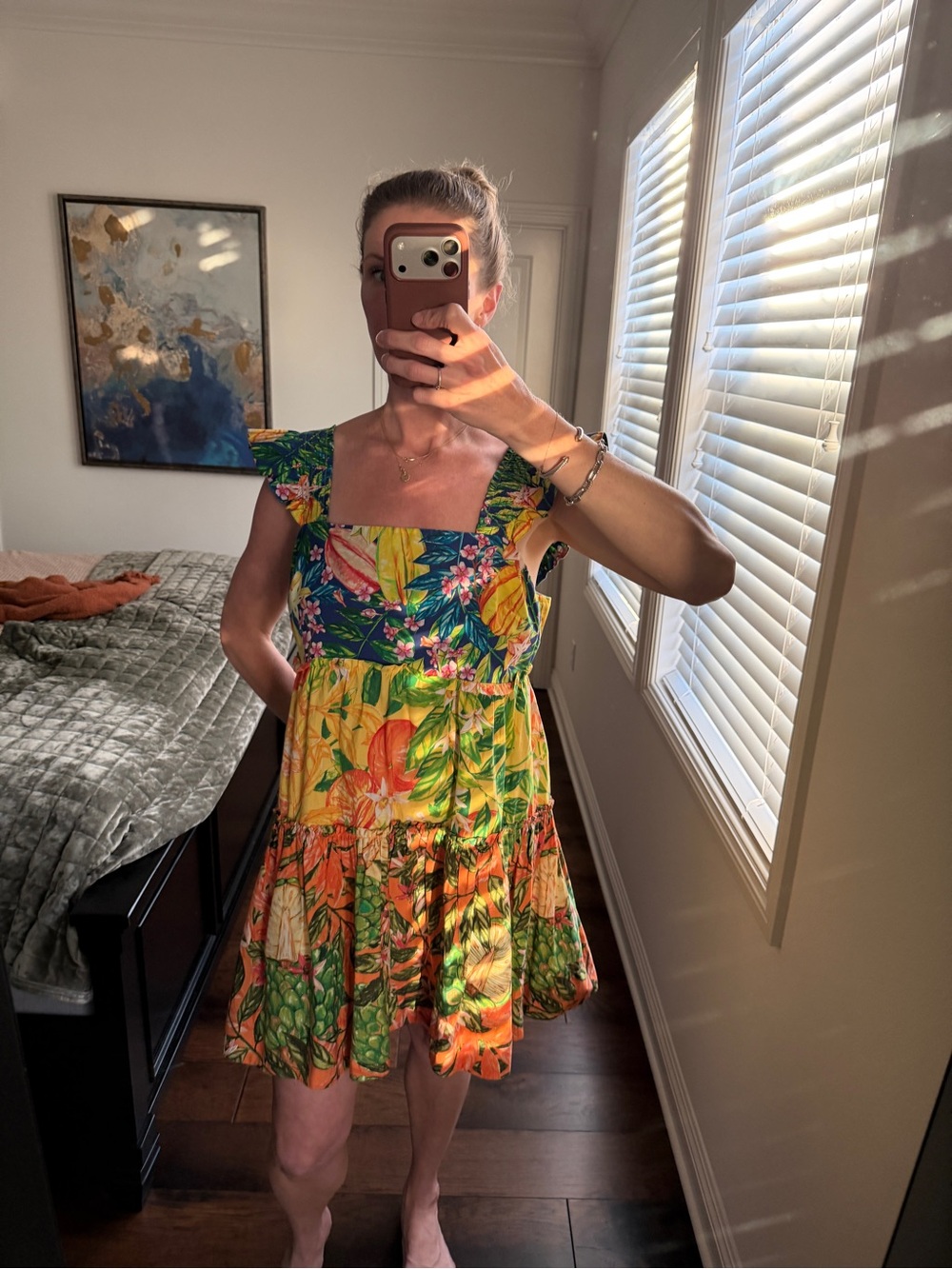 FARM Rio Tropical Floral Square-Neck Mini Dress in Green, Yellow & Orange
